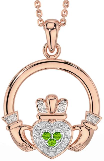 Diamond Peridot Rose Gold Silver Claddagh Necklace