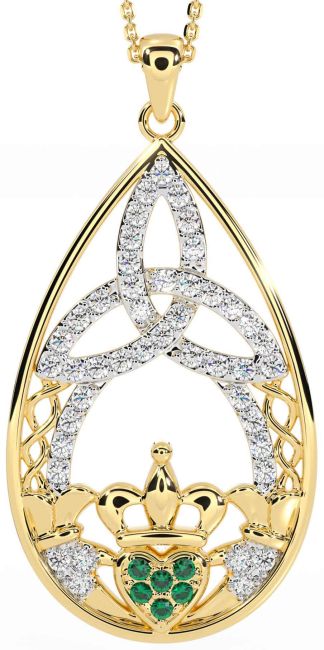 Diamond Emerald Gold Claddagh Celtic Trinity Knot Necklace