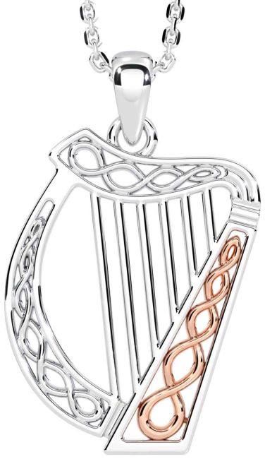 White Rose Gold Celtic Irish harp Necklace