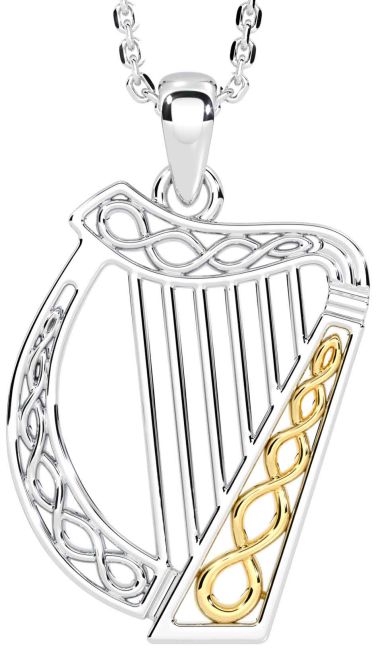 White Yellow Gold Celtic Irish harp Necklace