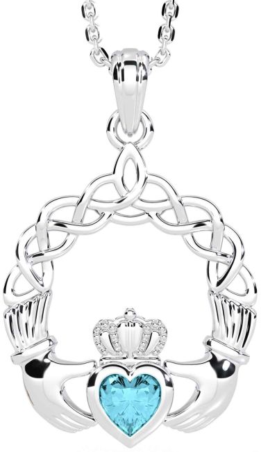 Aquamarine White Gold Claddagh Necklace
