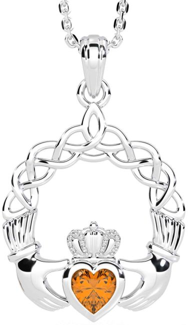 Citrine White Gold Claddagh Necklace