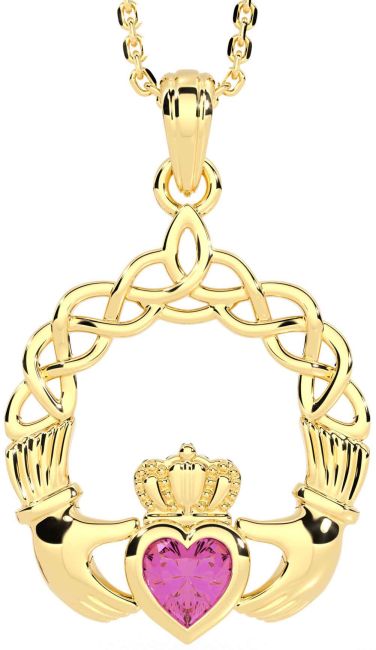Pink Tourmaline Gold Claddagh Necklace