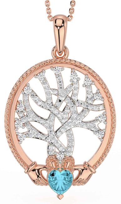 Diamond Aquamarine Rose Gold Silver Claddagh Celtic Tree of Life Necklace