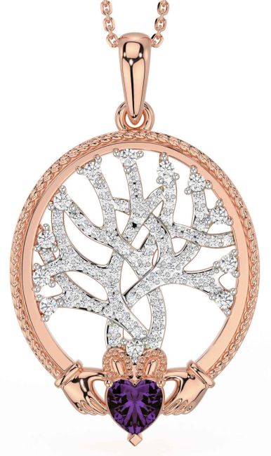 Diamond Alexandrite Rose Gold Silver Claddagh Celtic Tree of Life Necklace