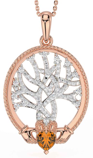 Diamond Citrine Rose Gold Silver Claddagh Celtic Tree of Life Necklace