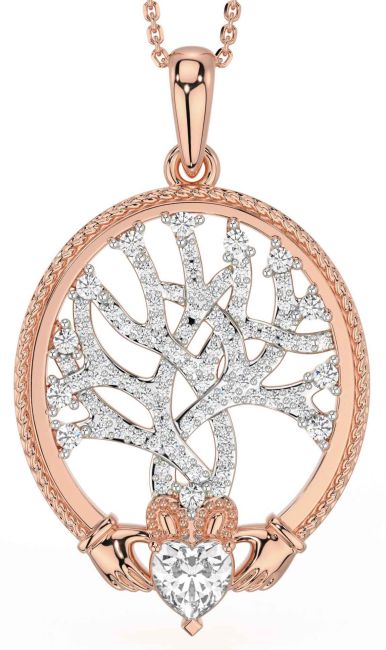 Diamond Rose Gold Silver Claddagh Celtic Tree of Life Necklace