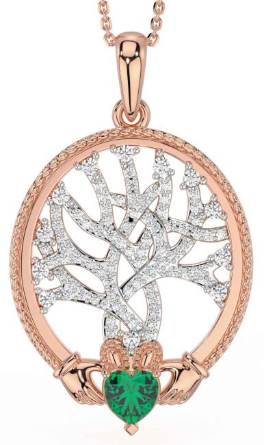 Diamond Emerald Rose Gold Silver Claddagh Celtic Tree of Life Necklace