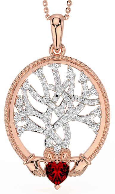 Diamond Garnet Rose Gold Silver Claddagh Celtic Tree of Life Necklace