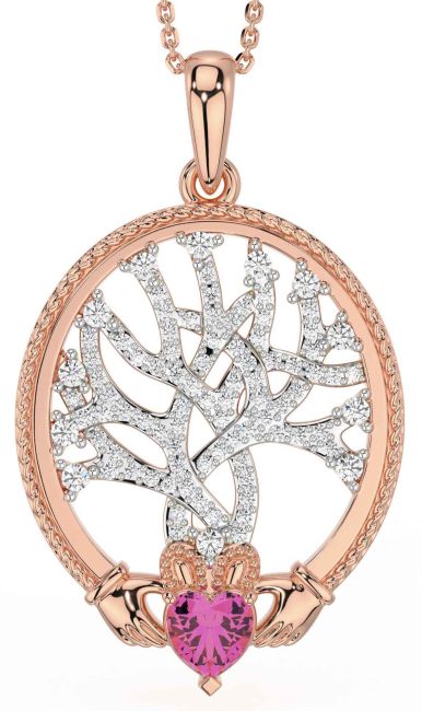 Diamond Pink Tourmaline Rose Gold Silver Claddagh Celtic Tree of Life Necklace