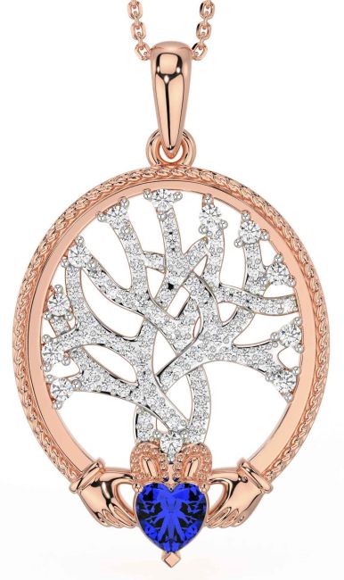 Diamond Sapphire Rose Gold Silver Claddagh Celtic Tree of Life Necklace