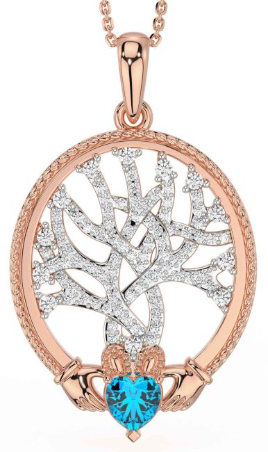 Diamond Topaz Rose Gold Silver Claddagh Celtic Tree of Life Necklace