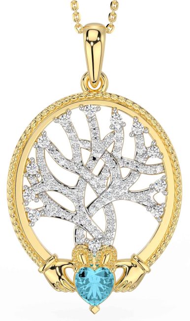 Diamond Aquamarine Gold Silver Claddagh Celtic Tree of Life Necklace