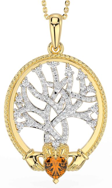 Diamond Citrine Gold Silver Claddagh Celtic Tree of Life Necklace