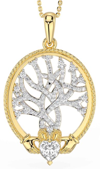Diamond Gold Silver Claddagh Celtic Tree of Life Necklace