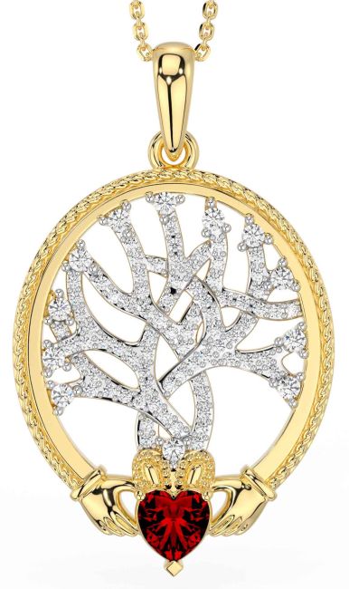 Diamond Garnet Gold Silver Claddagh Celtic Tree of Life Necklace