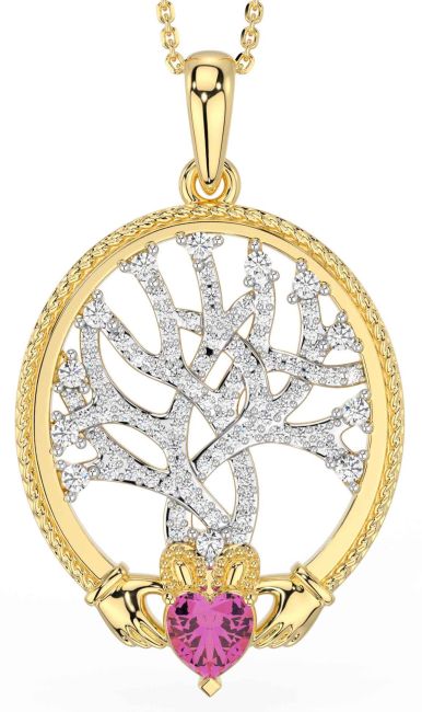 Diamond Pink Tourmaline Gold Silver Claddagh Celtic Tree of Life Necklace