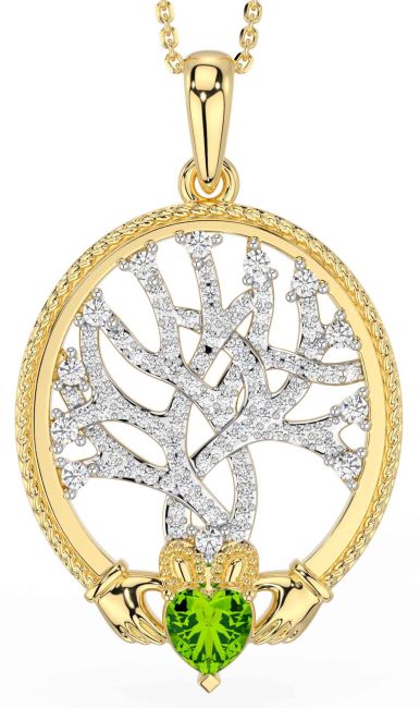 Diamond Peridot Gold Silver Claddagh Celtic Tree of Life Necklace