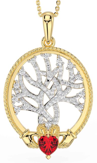 Diamond Ruby Gold Silver Claddagh Celtic Tree of Life Necklace
