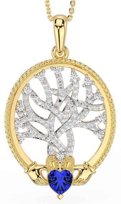 Diamond Sapphire Gold Silver Claddagh Celtic Tree of Life Necklace