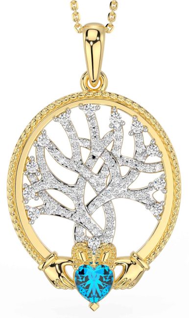 Diamond Topaz Gold Silver Claddagh Celtic Tree of Life Necklace