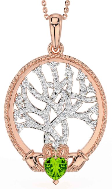 Diamond Peridot Rose Gold Claddagh Celtic Tree of Life Necklace