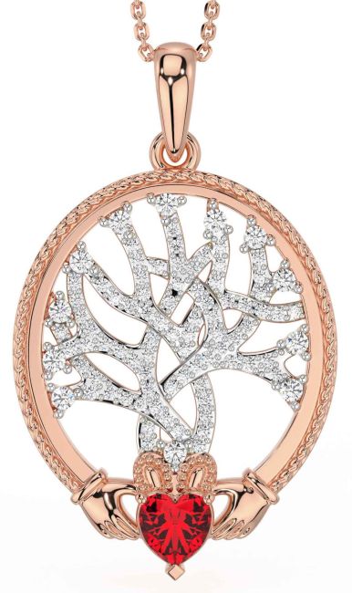 Diamond Ruby Rose Gold Claddagh Celtic Tree of Life Necklace
