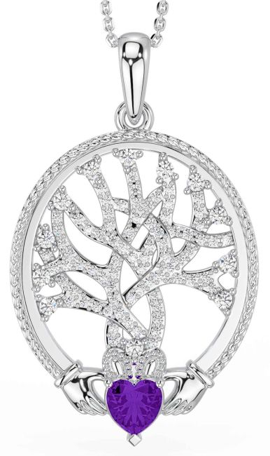 Diamond Amethyst Silver Claddagh Celtic Tree of Life Necklace