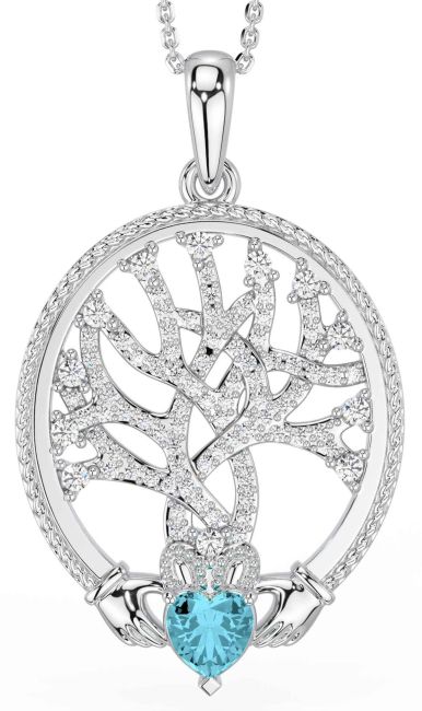 Diamond Aquamarine Silver Claddagh Celtic Tree of Life Necklace