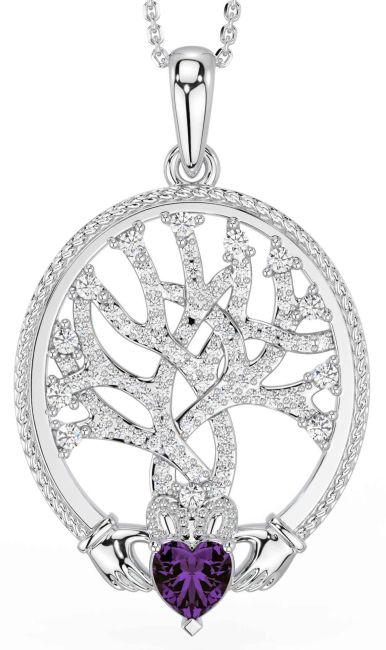 Diamond Alexandrite Silver Claddagh Celtic Tree of Life Necklace