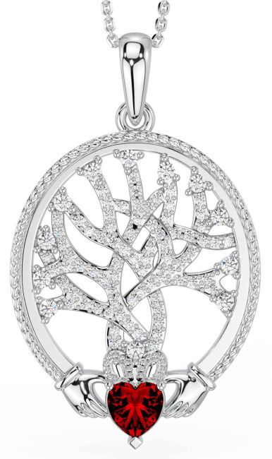 Diamond Garnet Silver Claddagh Celtic Tree of Life Necklace