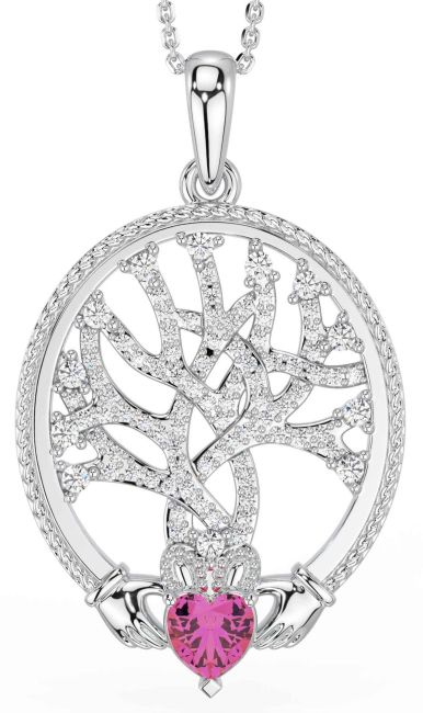 Diamond Pink Tourmaline Silver Claddagh Celtic Tree of Life Necklace