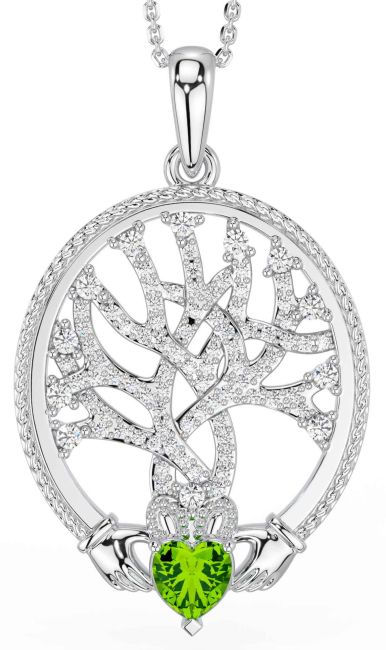 Diamond Peridot Silver Claddagh Celtic Tree of Life Necklace