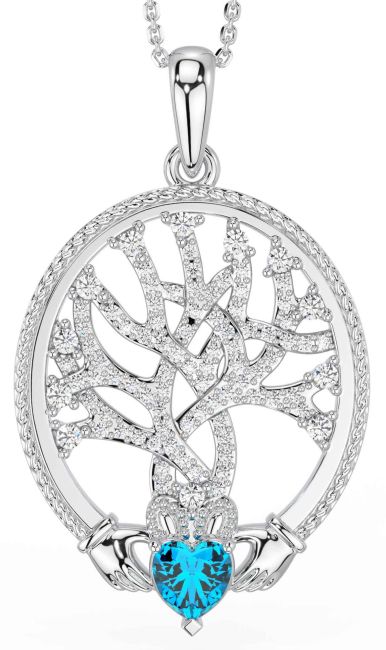 Diamond Topaz Silver Claddagh Celtic Tree of Life Necklace