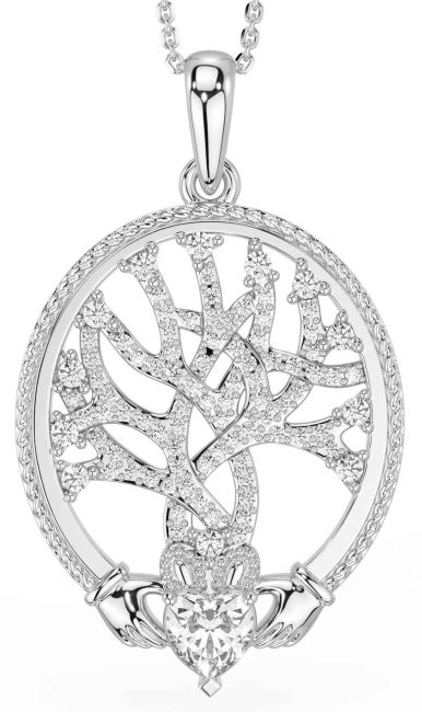 Diamond White Gold Claddagh Celtic Tree of Life Necklace