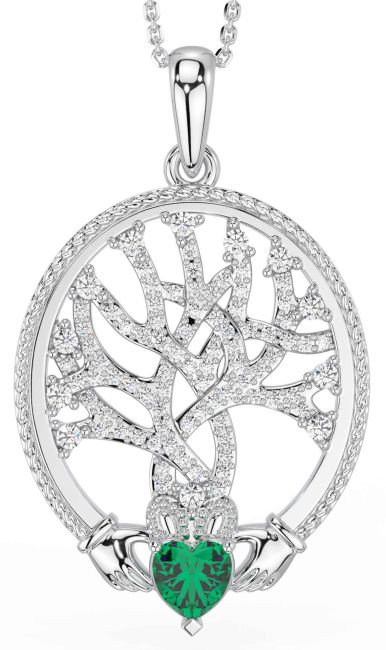 Diamond Emerald White Gold Claddagh Celtic Tree of Life Necklace