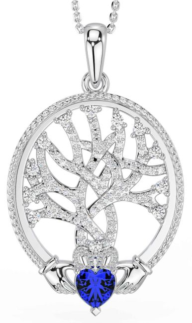 Diamond Sapphire White Gold Claddagh Celtic Tree of Life Necklace