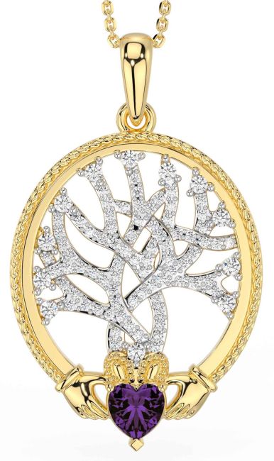 Diamond Alexandrite Gold Claddagh Celtic Tree of Life Necklace