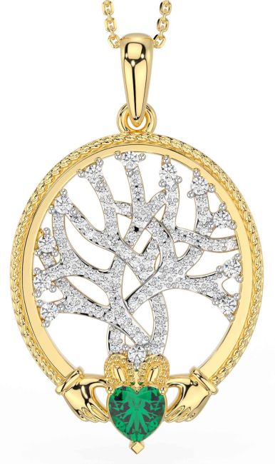 Diamond Emerald Gold Claddagh Celtic Tree of Life Necklace