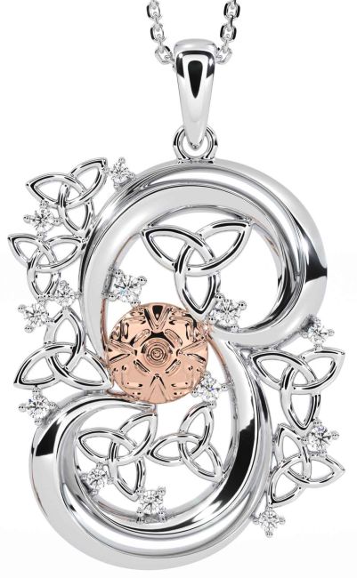 Diamond Rose Gold Silver Celtic Warrior Trinity Knot Necklace