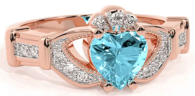 Diamond Aquamarine Rose Gold Silver Claddagh Ring