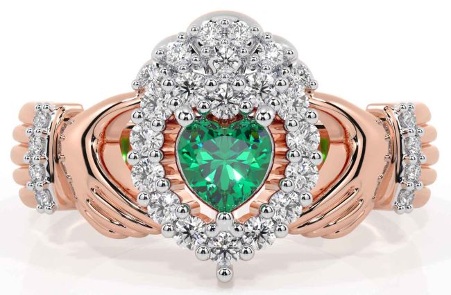 Diamond Emerald Rose Gold Silver Claddagh Ring