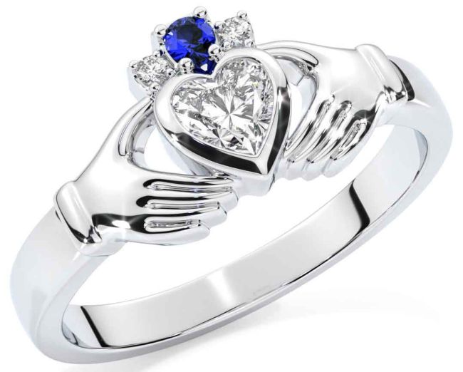 Diamond Sapphire White Gold Claddagh Ring