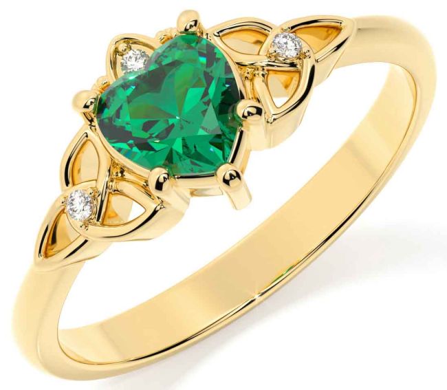 New Ladies 10K or 14K Gold Irish Celtic Trinity Knot Ring with Emerald Stone 
