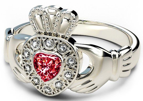 10K/14K/18K White Gold Genuine Diamond .13cts Red Garnet .25cts Claddagh Engagement Ring