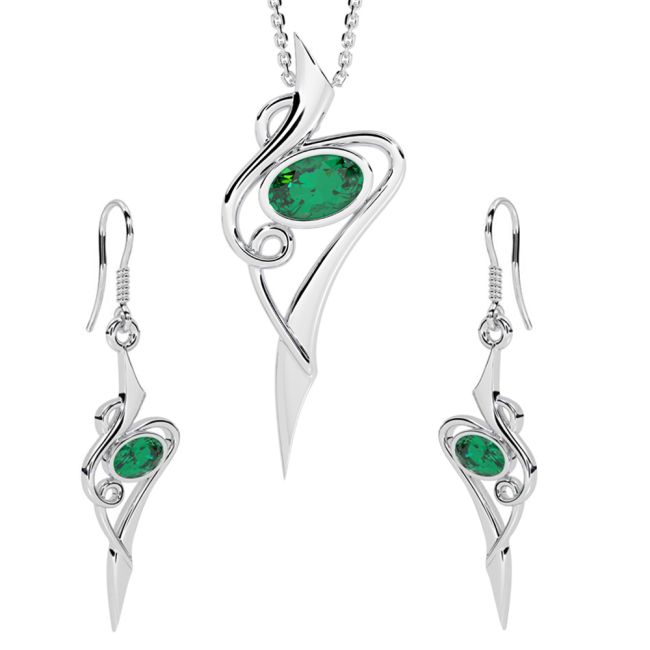 Silver Emerald Celtic Dangle Earrings + Pendant Necklace Set