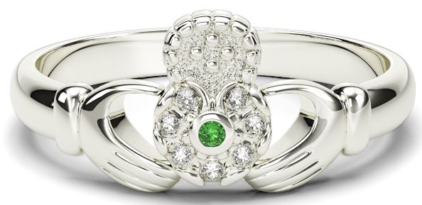 Ladies Emerald Diamond Silver Claddagh Celtic Knot Ring  
