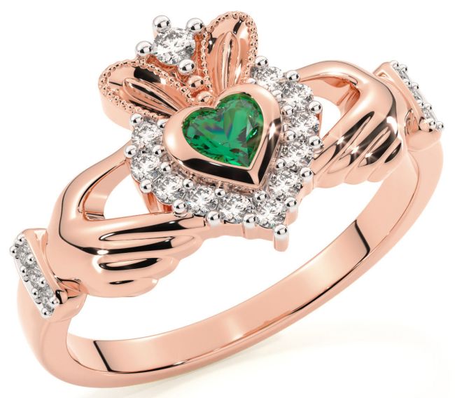 Ladies 10K/14K/18K Rose Gold Emerald Diamond Claddagh Ring