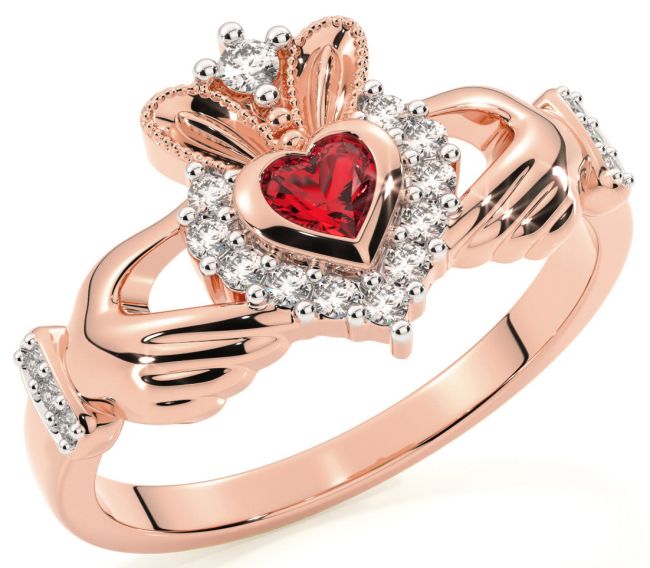 Ladies 10K/14K/18K Rose Gold Ruby Diamond Claddagh Ring