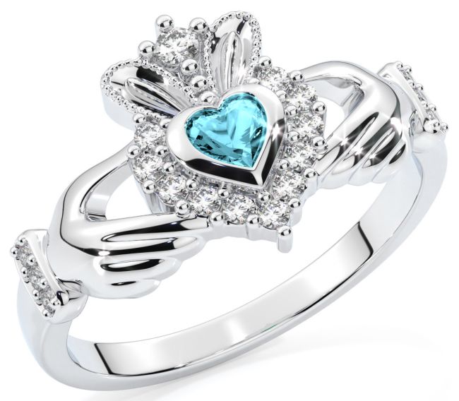 Aquamarine Diamond Silver Claddagh Ring - March Birthstone